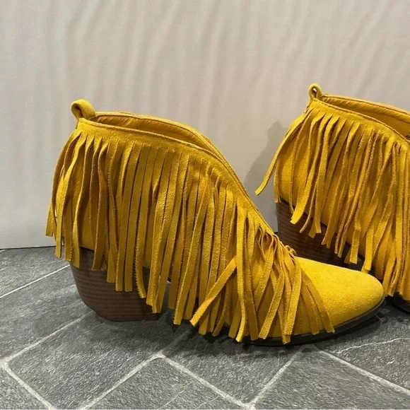 Wild G Golden Yellow Fringe Slip On Bootie Ankle Boot - Picture 9 of 11
